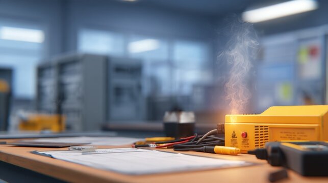 A bright yellow device emits steam on a workbench, surrounded by tools and papers in a workshop setting