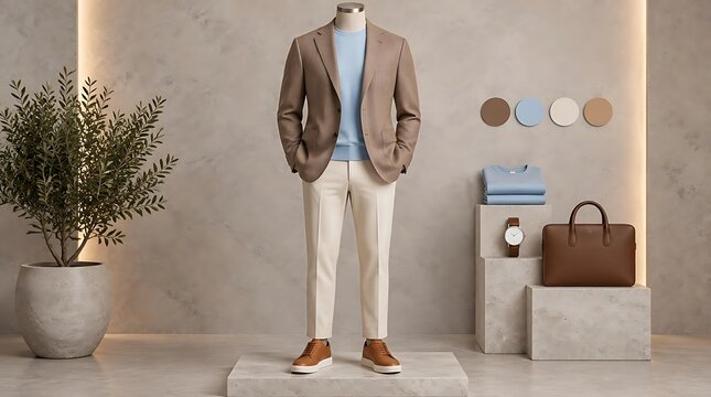 Elegant men's smart casual outfit on mannequin featuring brown blazer, blue sweater, cream trousers, and leather accessories in a minimalist interior showroom with indoor plant.