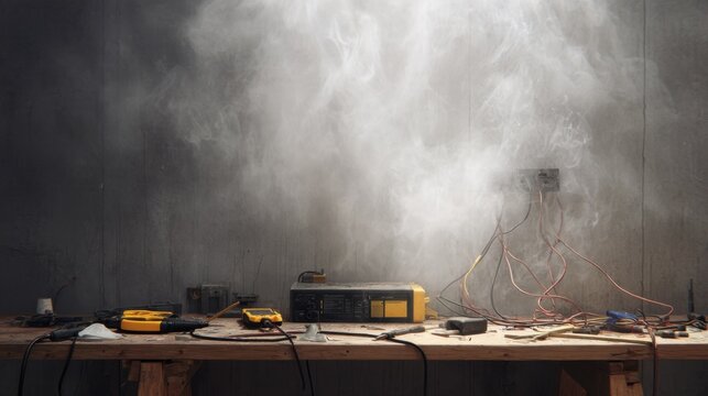 A cluttered workbench covered in tools and smoke, with intricate wiring in the background