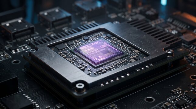 Close up of a powerful computer processor chip on a motherboard.