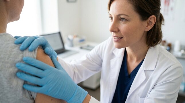 Dermatologist finishing skin exa - Dermatologic Exam | Professional Healthcare Stock Photo
