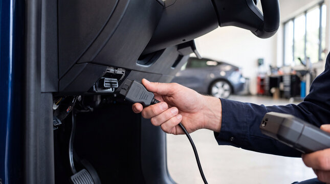 Mechanic connecting diagnostic scan tool to car OBD port in auto repair workshop