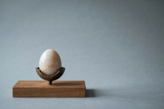 Polished alabaster egg in a brass cradle on a slim wooden block