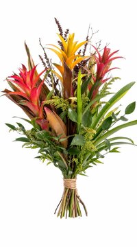 Bromelien Blumenstrauss in Rot, Orange und Gelb auf weissem Hintergrund