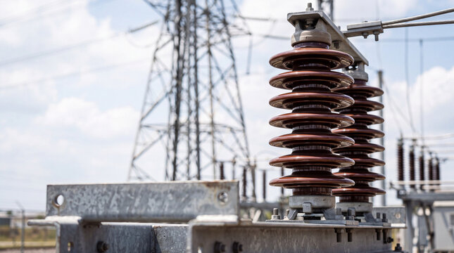 Electrical substation insulator and power transmission equipment close-up at outdoor utility station
