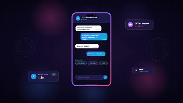 AI chatbot assistant interface on a smartphone screen showing automated customer support messaging for package tracking