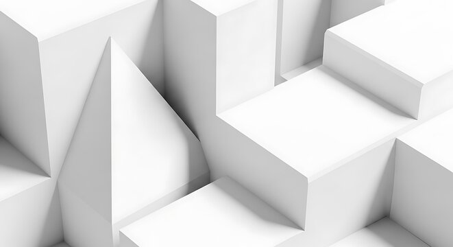 Minimalist abstract background, featuring white geometric, shapes including a, pyramid and cubes, with soft shadows, and clean lines