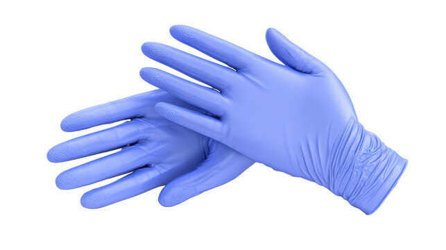 Two blue nitrile latex free medical gloves overlapping showing rubber texture for hospital laboratory hand safety equipment closeup isolated on White background