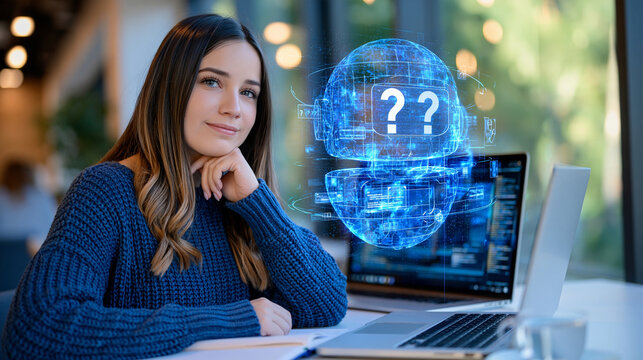 Person studying at a laptop with a glowing holographic AI chatbot assistant projecting above the screen, digital lesson interface with question and answer elements, virtual tutoring, remote educatio