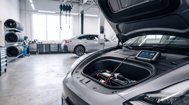 Electric car frunk with diagnostic tablet in modern auto repair service bay