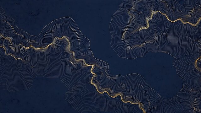 Abstract Gold Contour Topographic Line Art Pattern on Dark Navy Blue Background