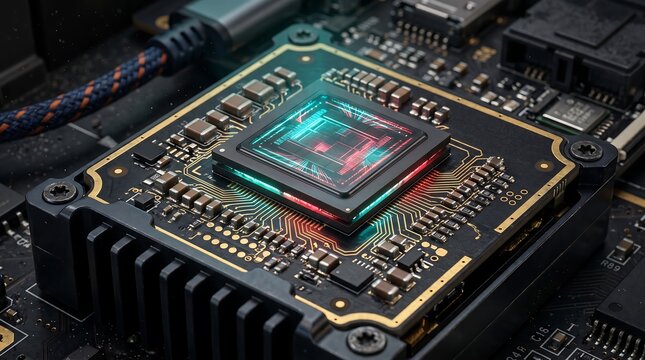 Close up of a modern high performance computer processor chip on a motherboard.