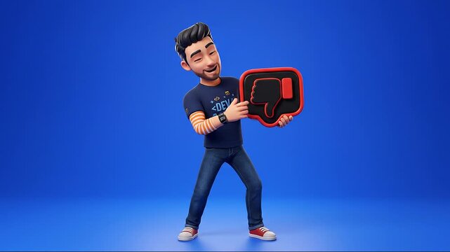 Friendly 3D Developer Character Holding Thumbs Down Sign - Winking and Pointing