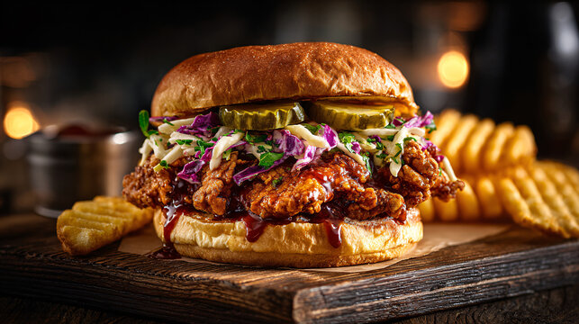 Crispy chicken burger layered with fresh slaw and pickles stands tall on a wooden serving board next to a portion of waffle-cut potatoes in a cozy indoor restaurant environment.