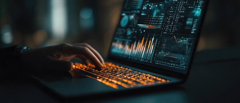 Working on a laptop with data visualization and analytics on the screen at night