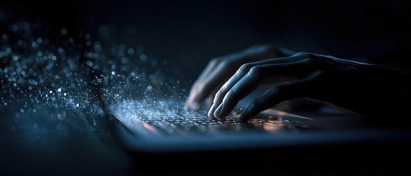 Typing on a laptop with a dark background, creating a visual effect of light and particles