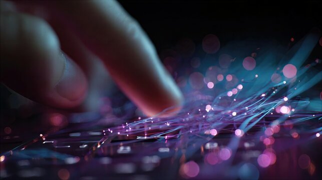Light interacts with a finger touching a keyboard in a dark setting