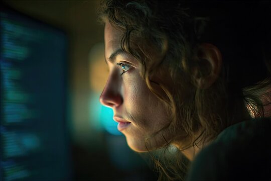 Coding session at night with a young woman focused on her computer screen