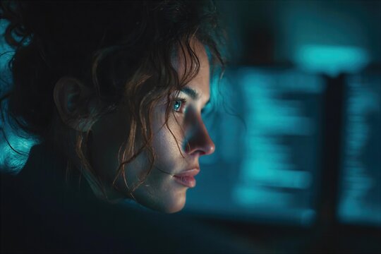 Woman working at a computer with code displayed on the screen in a dark room