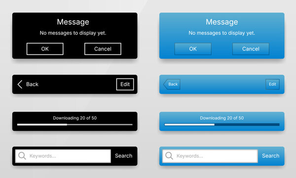 Dark and blue theme UI message boxes, navigation bars, and search widgets user interface design template