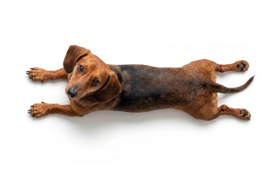 Overhead view of a cute dachshund dog in a long stretch pose on a white background