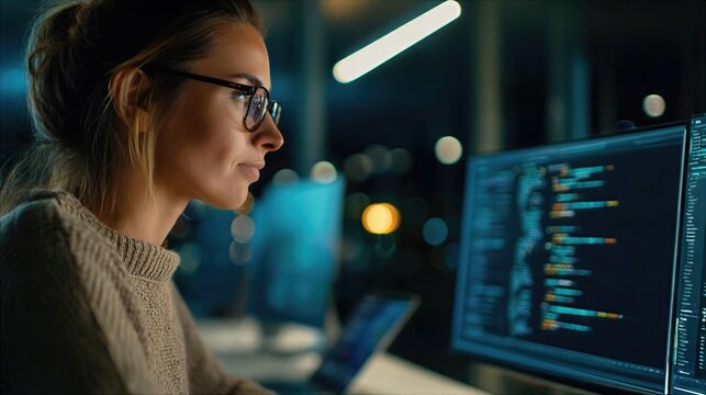 Young woman works on computer programming at night in an office setting