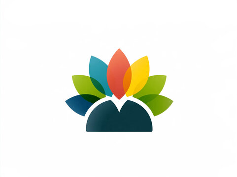 Abstract colorful lotus flower logo with overlapping petals in green, blue, yellow and orange above a dark teal base on white background. 