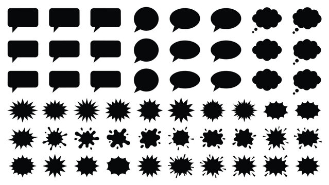 Set of diverse comic speech bubbles and explosion graphic elements with dialogue communication explosion silhouette collection template isolated