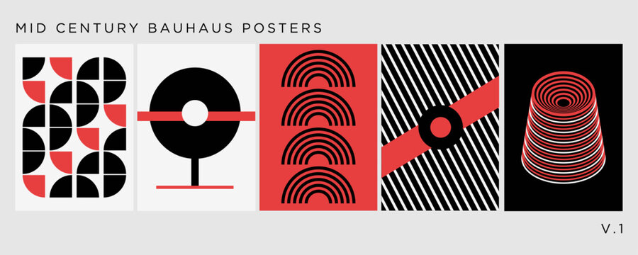 Set of 5 abstract geometric posters in midcentury modern style with bold shapes - bauhaus style.