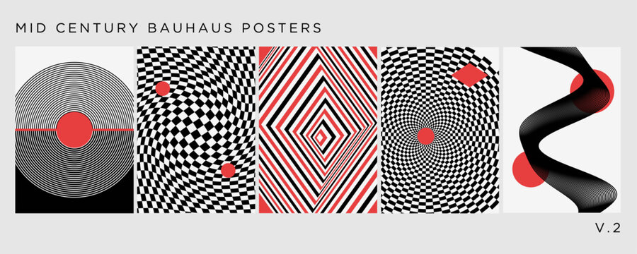 Set of 5 abstract geometric posters in midcentury modern style with bold shapes - bauhaus style.