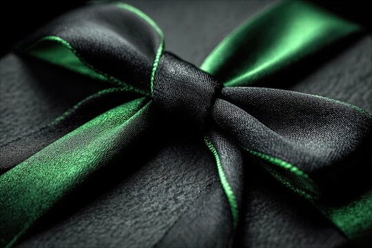 Gift box with black and green ribbon on dark background