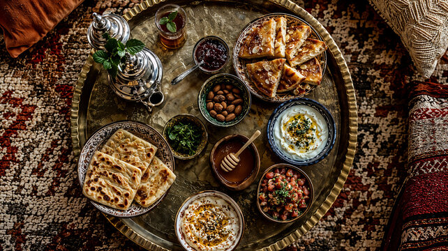 Moroccan breakfast served on an engraved brass tray with mint tea, msemen flatbread, labneh, honey, almond pastry and jam, set on a warm patterned berber rug.