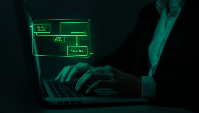 ai algorithm decision and data processing concept showing software developer using laptop with neural network pathways, code panels, and output validation workflow
