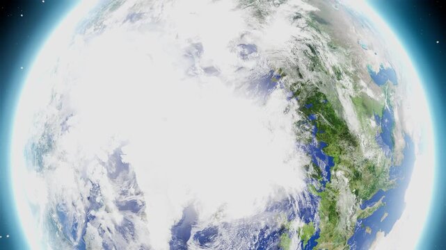 3D render of planet Earth centered on the North Pole showing massive Arctic polar ice cap, snow cover, North America, northern Europe, and atmospheric layer in space.