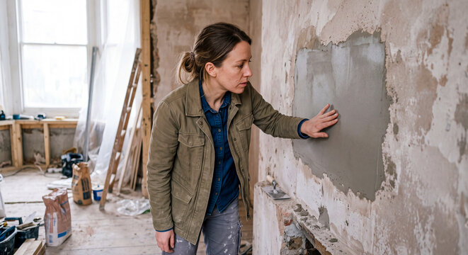 A woman checking wet plaster on an indoor wall during a home renovation project, demonstrating focus and craftsmanship in the process of restoring an old room to improve living space