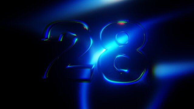 Futuristic Glass Number 28 Countdown with Glowing Blue Light