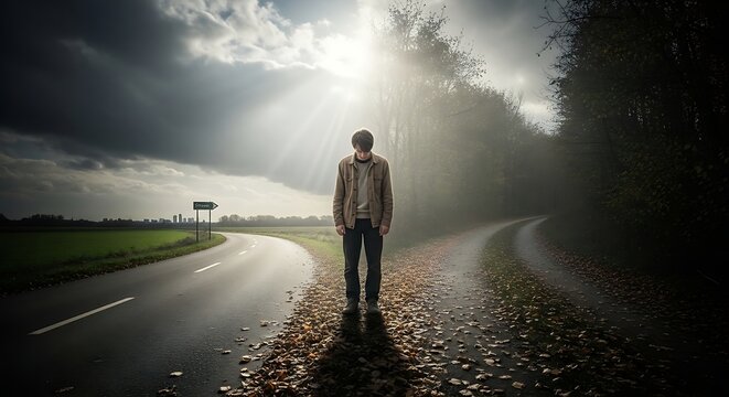 A solitary figure stands at a dramatic fork in the road, contemplating the diverging paths ahead under contrasting skies, symbolizing a pivotal moment of decision and the unknown journey