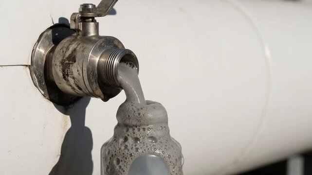 Dull and dirt smeared stainless steel sample port valve erupting expanding grey anaerobic foam outwards towards the camera