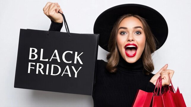 Woman holding shopping bags and smiling for Black Friday sale