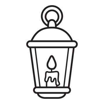 Vintage lantern outline icon with burning candle for camping lighting coloring page design.