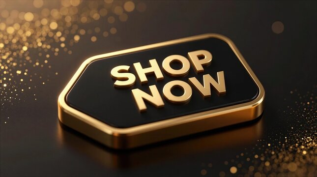Shop now button with a shiny gold design on a dark background
