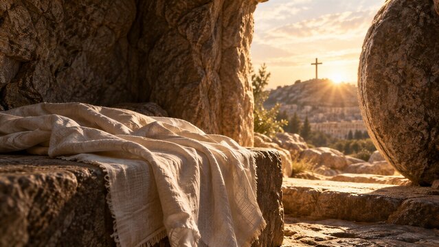 Empty Tomb with Cross and Linen Cloth Inside a Cave, Symbolizing the Resurrection of Jesus Christ and Christian Easter Hope.