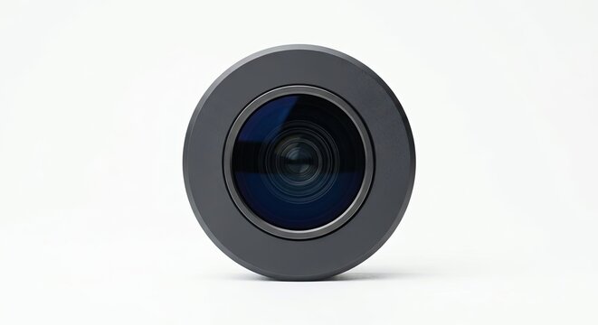 Professional camera lens front view isolated on white.