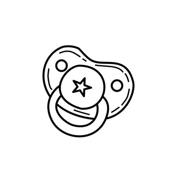 Baby pacifier with star motif line art vector illustration. Newborn soothing dummy clipart isolated.