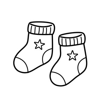 Baby socks pair with star pattern line art vector illustration. Newborn booties clothing clipart isolated.