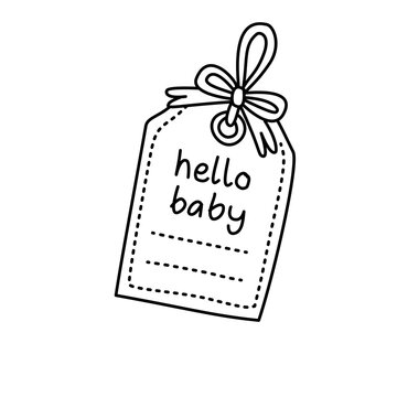 Hello baby gift tag label line art vector illustration. Baby shower greeting card clipart isolated.