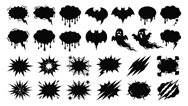 Black silhouette icons of comic speech bubbles and spooky halloween shapes with halloween dripping expression silhouette dialogue collection