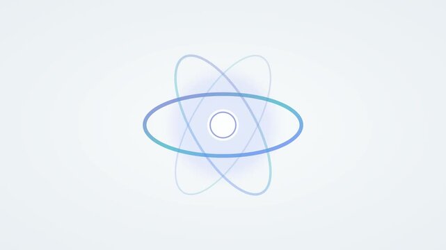 Atomic structure model rotating with blue glowing orbital paths in this minimalist abstract motion animation for scientific research video footage