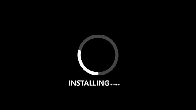 White circular progress bar and the word INSTALING with loading dots circle on black background.