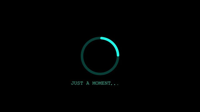 Loading screen animation with gray circle and just a moment text on black background.
